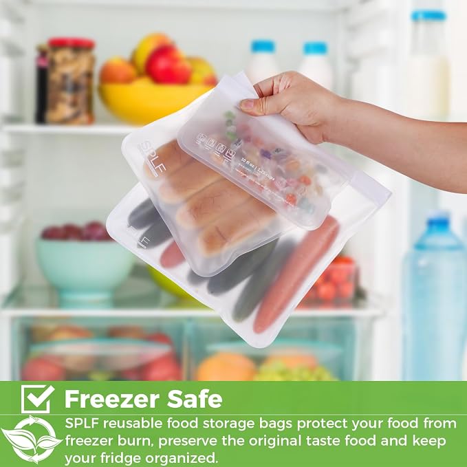 SPLF 12 Pack Dishwasher Safe Reusable Food Storage Bags, White | BPA Free Freezer Bags Leakproof Silicone and Plastic Free Lunch Bags Fridge Organization - 5 Sandwich 5 Snack 2 Gallon