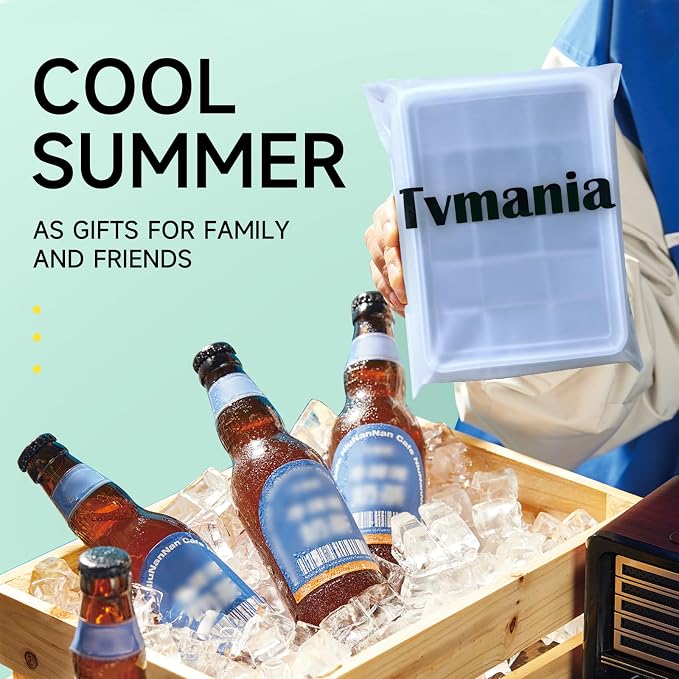 Tvmania Ice Cube Trays Set of 2, 15-Cube Silicone Molds with Removable Lids | Stackable, easy release, BPA-free, reusable, for freezer and whiskey