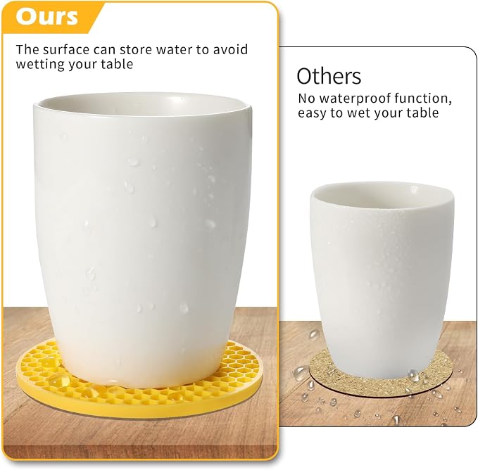 TWTLi Silicone Coasters Set of 6 with Holder — Non-Slip Drink Coasters for Coffee Table, Home Bar & Kitchen, Protects Wood & Marble Surfaces from Water Rings, Dishwasher Safe (Yellow)