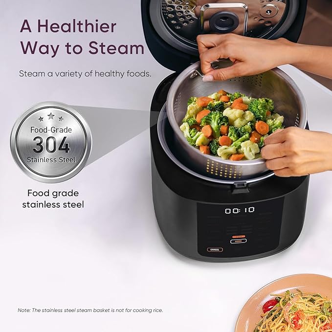 Cosori Rice Cooker 10 Cup, Ceramic Coating Inner Pot, Fuzzy Logic, 18-in-1 | 24H Keep Warm & Delay Timer, Stainless Steel Steamer Basket, Non-stick Ceramic Coating, Sauté, Slow Cook, Black