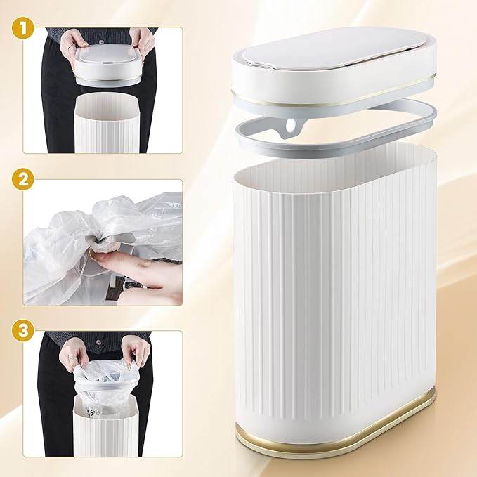 ELPHECO Slim Bathroom Trash Can with Lid, 2 Gallon White Golden | Smart Garbage Can, Plastic Wastebasket, Narrow Garbage Bin, Waterproof Bathroom Decor for Bedroom