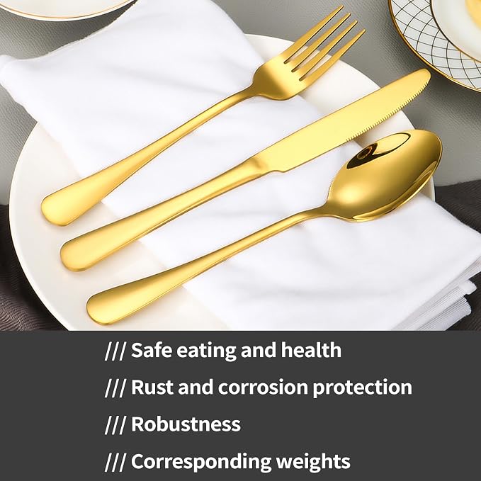 60-Piece Gold Silverware Set with Steak Knives Gold Stainless Steel Flatware Set for 10 Food Grade Tableware Cutlery Set Rust-proof, Mirror Polished, Dishwasher Safe