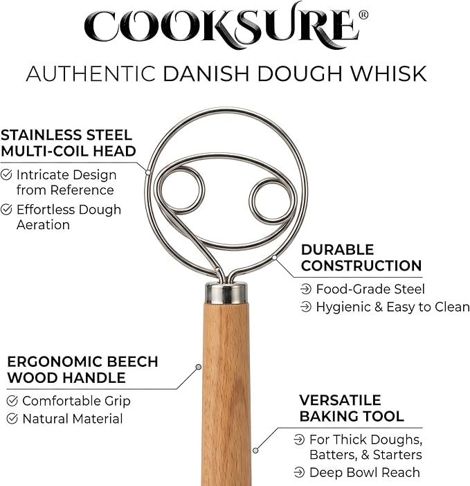 Danish Dough Whisk for Sourdough Bread – 13 Inch Bread Whisk with Wooden Handle – 304 Stainless Steel Hook for Heavy Dough Baking, Swedish Dough Whisk Tool
