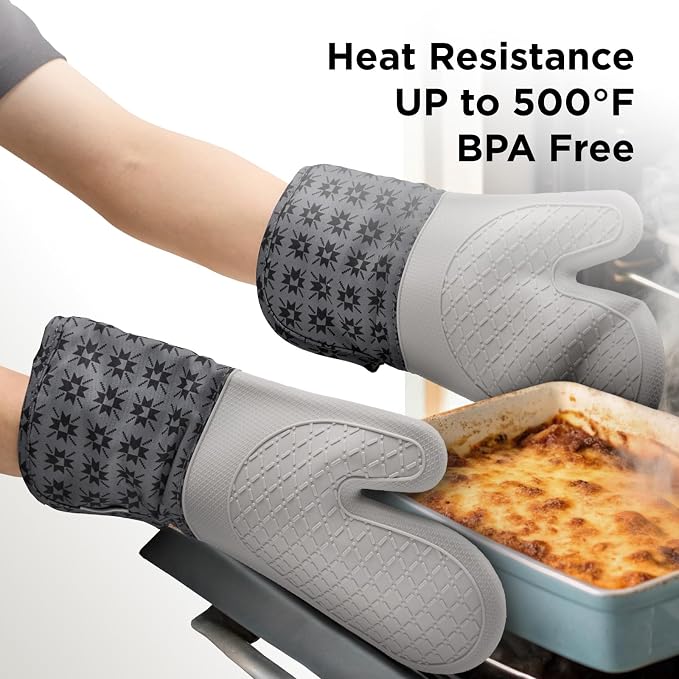 Kitchen Mama UltraShield Silicone Oven Mitts, Gem Gray | Heat Resistant, Non-Slip Surface, Waterproof, Flexible, Durable