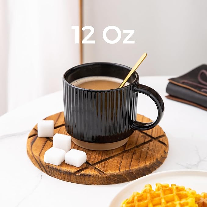 GBhome 12 OZ Stackable Coffee Mugs Set of 6, Ceramic Black Coffee Cups Set | 3 Assorted Designs, Embossed Mugs with Texture Patterns for Tea/Latte/Cappuccino, Dishwasher&Microwave Safe
