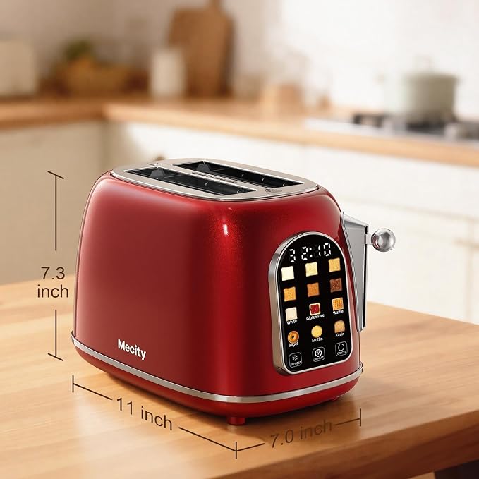 Mecity Toaster 2 Slice, Touch Screen Wide Slot Retro Toaster For Breads Bagel Muffin Waffle, House Warming Gift New Home, 120V 825W, Red Pearl