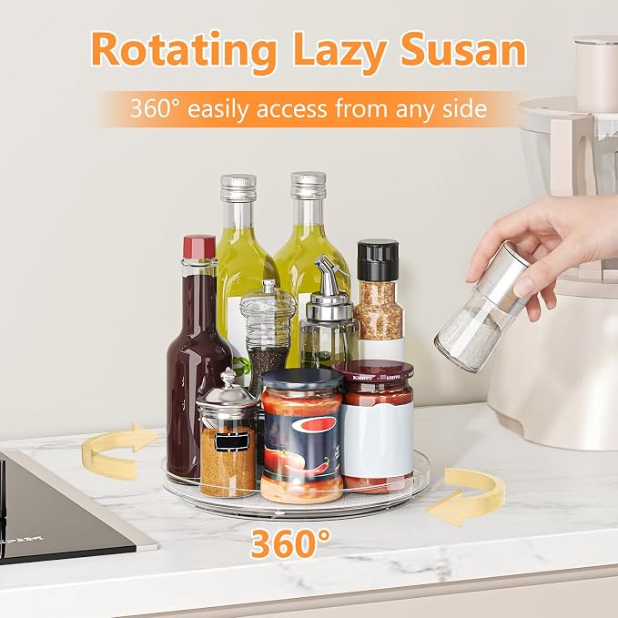 4 Pack Lazy Susan Turntable Organizer with Non-Slip Mat, 9 Inch, Clear | 360 Rotating, Easy Clean, Spice Rack for Kitchen Counter, Pantry Cabinet, Fridge, Spinning Tray for Bathroom, Makeup Vanity