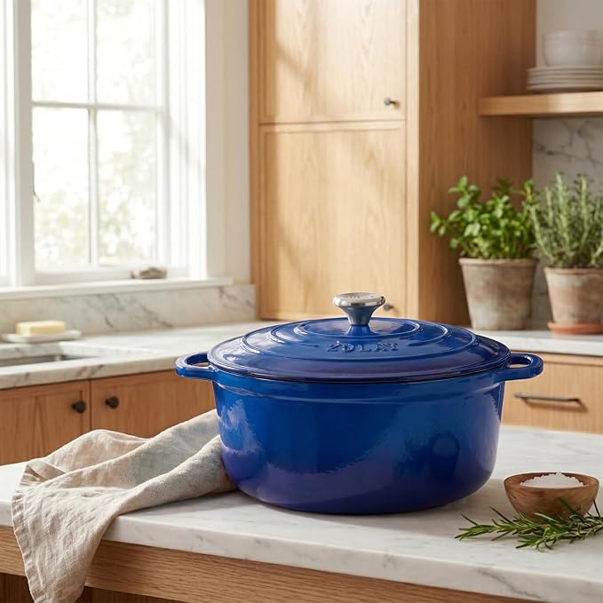 Zulay Kitchen 7.7 Quart Enameled Cast Iron Dutch Oven Pot with Lid – Premium Durability & Oven Safe up to 500°F – Heavy Duty Cookware Perfect for Bread Baking, Stews, Braising & Roasting – Blue