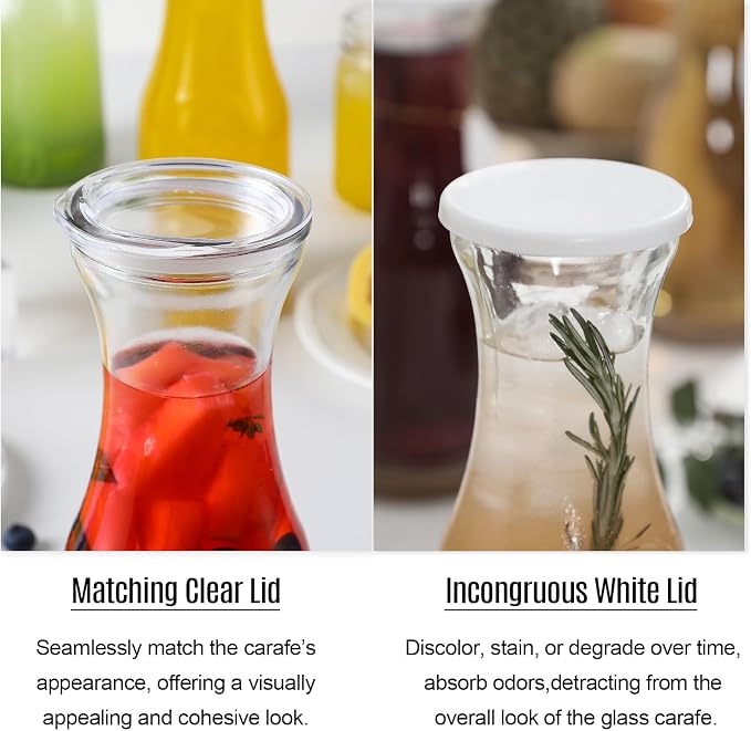 Set of 6 Glass Carafe with Lid, 1 Liter Beverage Serveware Carafe, Clear Glass Pitcher for Mimosa Bar, Brunch, Cold Water, Juice, Milk, Iced Tea, Lemonade