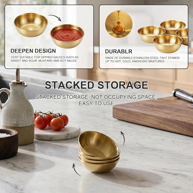 tifanso 8PCS Small Stainless Steel Dipping Bowls for Sauce & Condiments | 3.5oz, For Soy Sauce Ketchup Seasoning & Appetizers, Perfect for BBQ Party Camping & Charcuterie, Easy to Clean, Gold