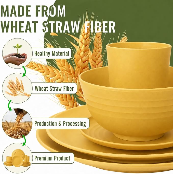 40 Piece Wheat Straw Dinnerware Sets for 8, Unbreakable Dish Set, Plates and Bowls Sets for 8, Lightweight Kitchen Dishware Set for Camping, Picnic, and Famliy Everyday Use - Yellow