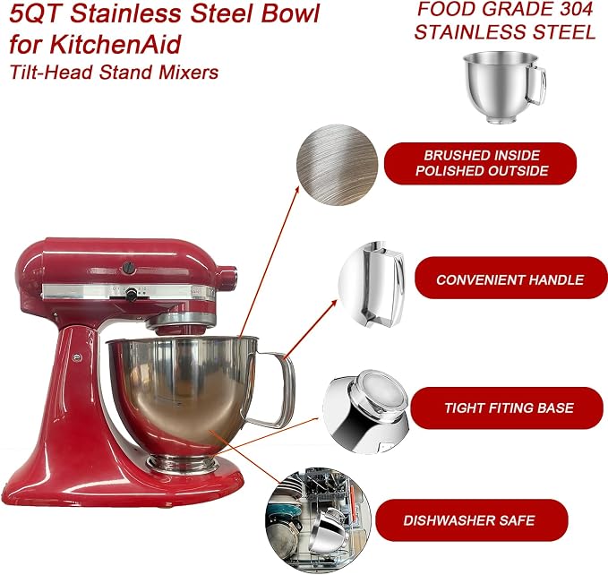 5QT Mixer Bowl for all KitchenAid 4.5-5QT Tilt-Head Stand Mixers | Food Grade 304 Stainless Steel, Polish Inner Surface, Ergonomic Handle, Dishwasher Safe, Light Weight