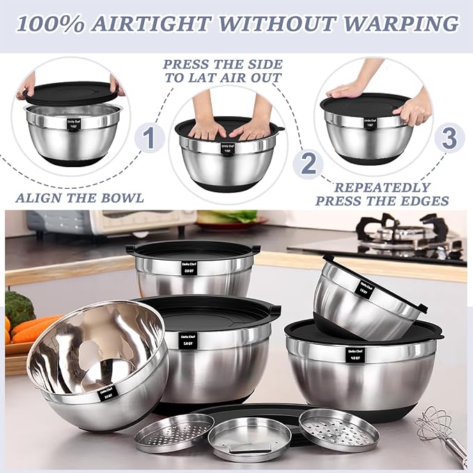 Umite Chef Mixing Bowls with Airtight Lids Set, 8PCS Stainless Steel Nesting Bowls Set, 3 Grater Attachments & Non-Slip Bottoms, Size 5, 4, 3.5, 2, 1.5QT for Baking & Mixing(Black)