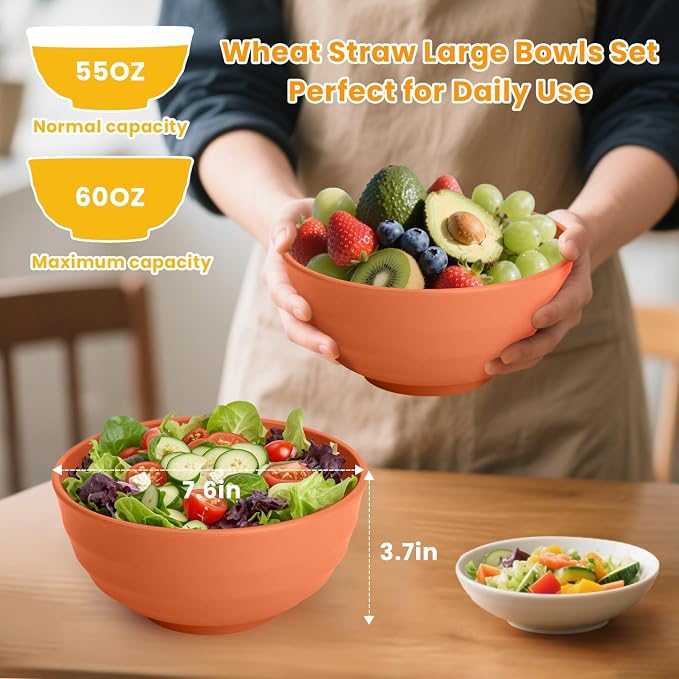 Large Bowl Set of 8, 60 oz Orange Wheat Straw Bowls, Unbreakable & Microwave Safe, Big Soup and Salad Bowls for Wedding, Party, Camping, Family Dining