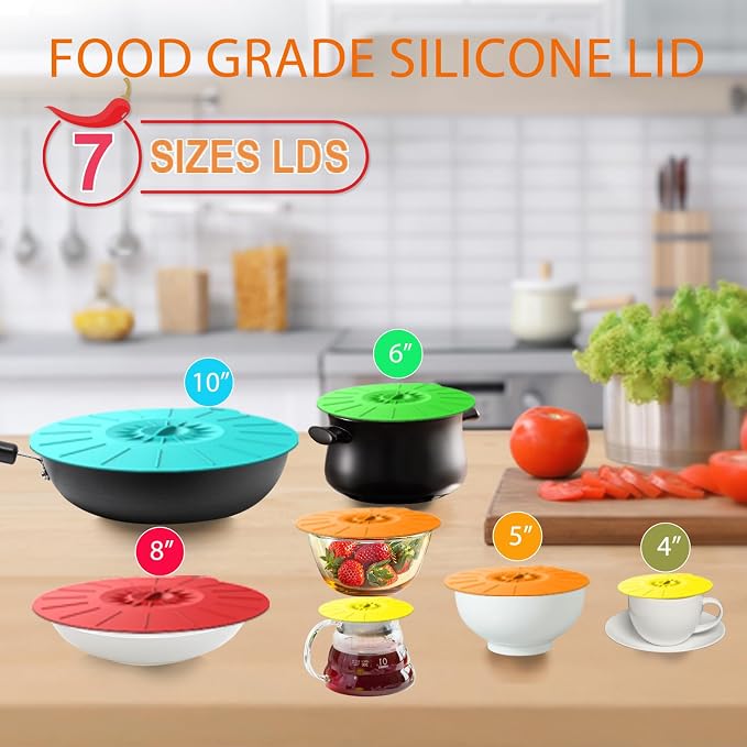7 Pack Silicone Lids Microwave Splatter Cover, 5 Sizes Reusable Heat Resistant Suction Lids for Bowls Plates Pots Pans Oven Fridge, BPA Free, Ideal Mother's Gift