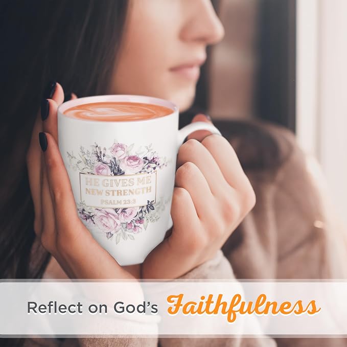 Christian Art Gifts Encouraging Golden Scripture Ceramic Coffee & Tea Mug for Women: He Gives Me New Strength Inspirational Psalm Bible Verse, Cadmium/Lead-free Novelty Cup, White/Pink Floral, 12 oz.
