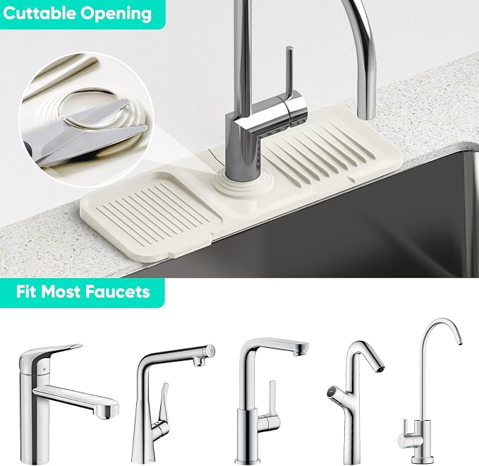 14.6 inch Faucet Mat for Kitchen Sink [5°Slope Fast Self-draining] Faucet Mat Kitchen Sink Splash Guard Silicone Sink Splash Guard Kitchen Sink Area Tidy Splash Faucet Guard Draining Mat-Beige