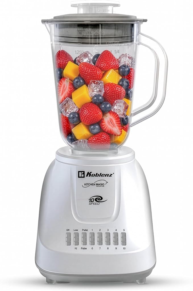 Koblenz LKM-5510 PB Countertop, Stainless Steel Blades, Plastic Jar, 42 oz | 500W Motor, 10 Speed + 2 Pulse, Stainless Steel Blades, Metal Coupling, Smoothie Blender, Blender for Kitchen, White, Durable