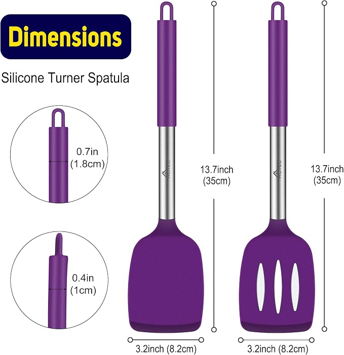 HOTEC Silicone Spatula Set of 2 Heat-Resistant 600°F & BPA-Free Kitchen SaptulaTurner with Stainless Steel Handles, Slotted & Solid Spatulas for Nonstick Cookware, 13.7 Inch, Purple
