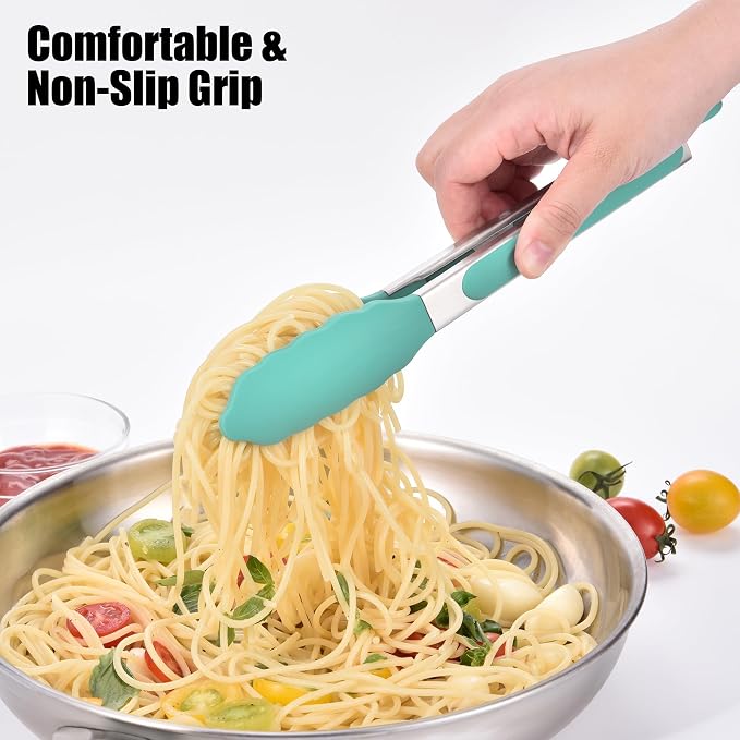 Doosu Kitchen Tongs with Silicone Tips for Cooking Serving (9in, Aqua Sky) | 600°F Heat Resistant Food Tong, Heavy Duty Stainless Steel Locking Tong for BBQ, Grilling Steak, Salad, Toast, Pasta