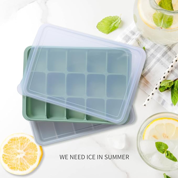 Tvmania Ice Cube Trays Set of 2, 15-Cube Silicone Molds with Removable Lids | Stackable, easy release, BPA-free, reusable, for freezer and whiskey