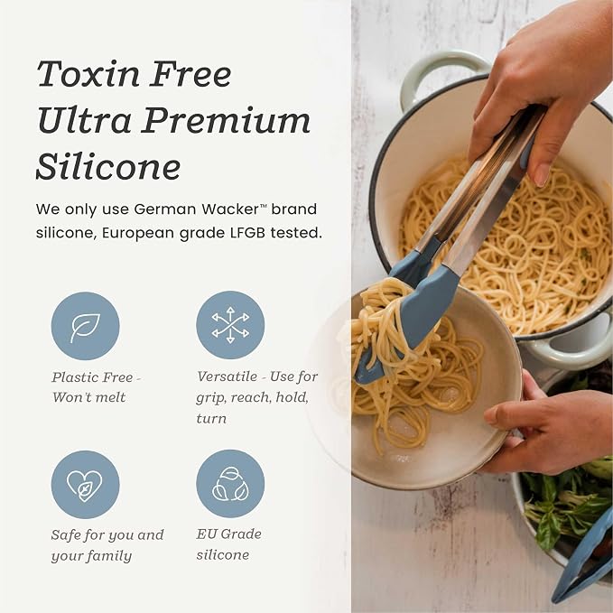 Starpack Get a Grip Silicone Kitchen Tongs (2-Pack, 9" + 12") - LFGB Non Toxic, 600°F Heat Resistant, BPA-Free - Heavy-Duty Stainless Steel, Locking - Dishwasher Safe for Nonstick Cookware Light Blue