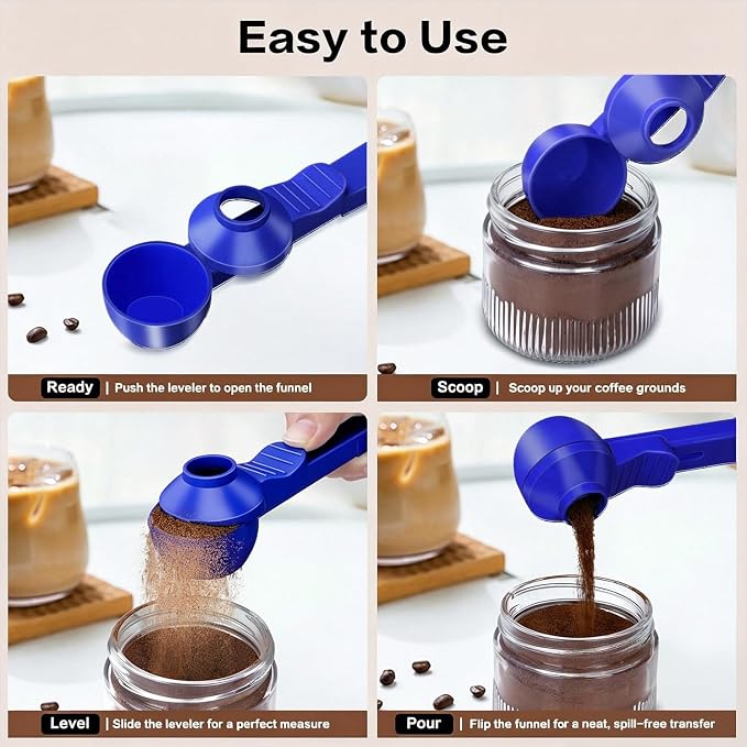 2-in-1 Coffee Scoop with Funnel, 2 Tbsp Measuring Spoon for Reusable K Cups, Ground Coffee, Protein Powder & Tea, Mess-Free Plastic Design（Dark Blue-1pack）
