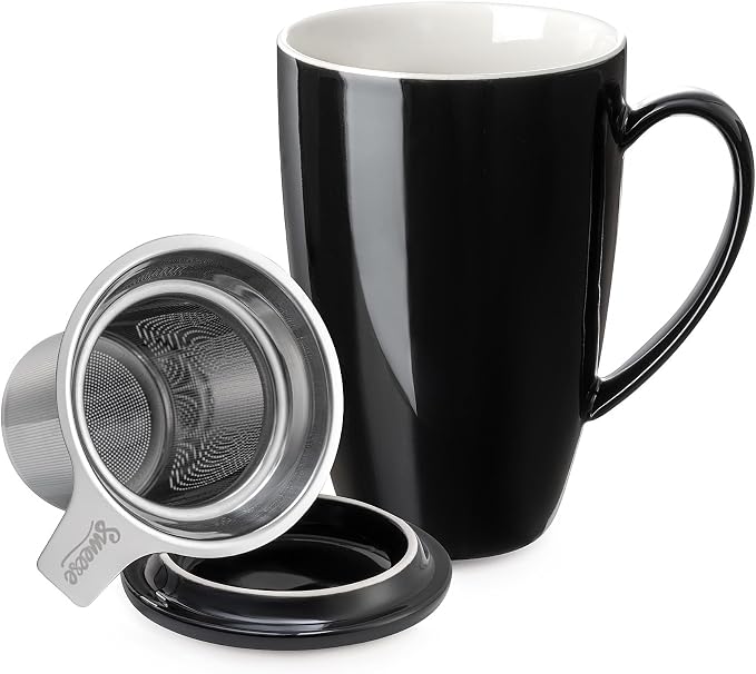 Sweese 15 OZ Porcelain Tea Mug with Infuser and Lid, Loose Leaf Tea Cup, Gifts for Tea Lover, Black