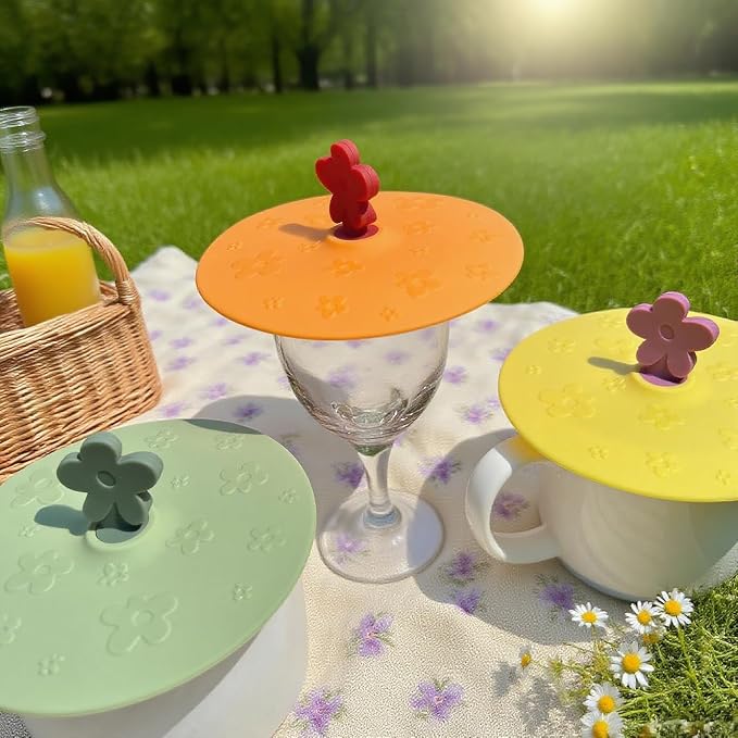 flower Silicone Cup Covers (Set of 3), Multicolored Silicone Lids for Mugs, Cups, Flexible Mug Covers, Tea Pots, Hot Cup Lids for Coffee & Tea (Style B)