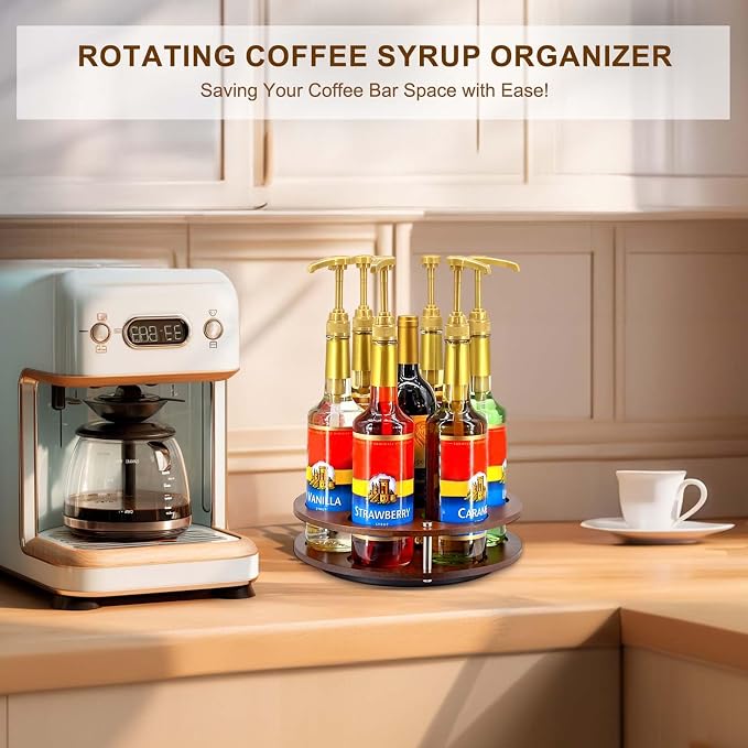 Rotating Coffee Syrup Organizer Rack, 7 Syrup Bottles Stand Holder | Anti-fall Design,7 Bottles Storage Display Turntable Tray & Lazy Susan for Syrup,Liquor Wine in Kitchen Countertop