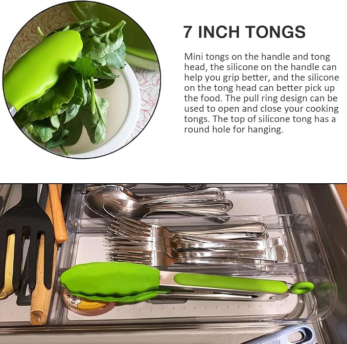 7 Inch Small Serving Tongs with Silicone Tips 3 Pack(Green) | Stainless Steel Handle, Non-Scratch, Heat Resistant