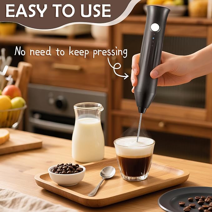 Milk Frother Handheld Rechargeable, Frother Wand Drink Mixer Electric Whisk for Coffee, Detachable With 2 Stainless Whisks, Hand Mixer for Lattes, Matcha, Egg, Kitchen Gifts(Black)