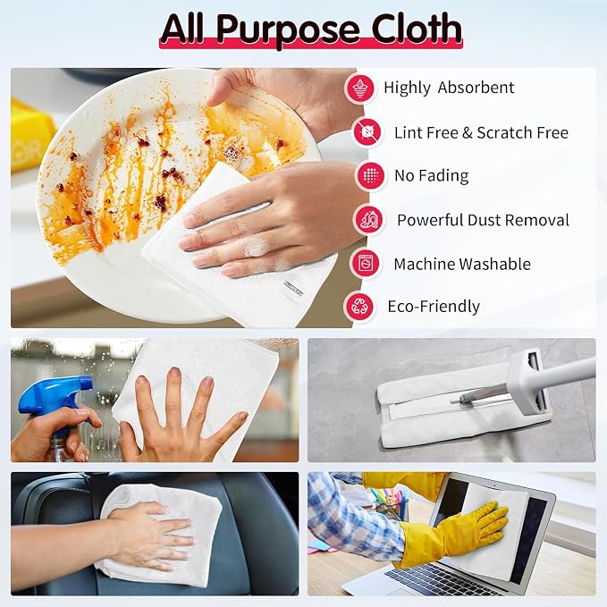 White Microfiber Cleaning Cloth -Pack of 24, Highly Absorbent Cleaning Rags, 16"X12" All Purpose Cleaning Towels for Housekeeping, Kitchen, Car, Lint Free and Reusable Microfiber Towels
