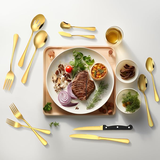 Lazycorner 53 Piece Gold Silverware Set for 8, Flatware Set with Steak Knives for 8 and 5 Public Serving Use Set 18/10 Stainless Steel Utensils Set Cutlery Set For Restaurant Hotel Dishwasher Safe