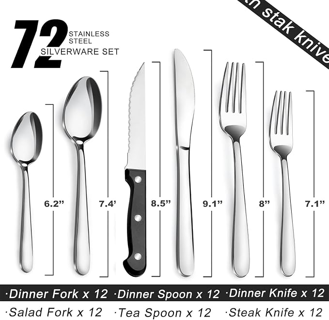 Pleafind 72-Pieces Silverware Set for 12, Flatware Set with Triple Rivet Steak Knives, Stainless Steel Cutlery Set, Include Forks Spoons and Knives Set, Utensil Sets for Home Restaurant