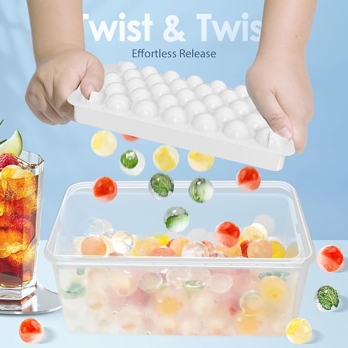 Ice Cube Tray with Lid and Bin, 1" Round Ice Trays for Freezer | 2 White Ice Cube Trays with Ice Box & Scoop, 1" Round Ice Balls for Iced Coffee & Juice, Easy Twist Release, For Gatherings