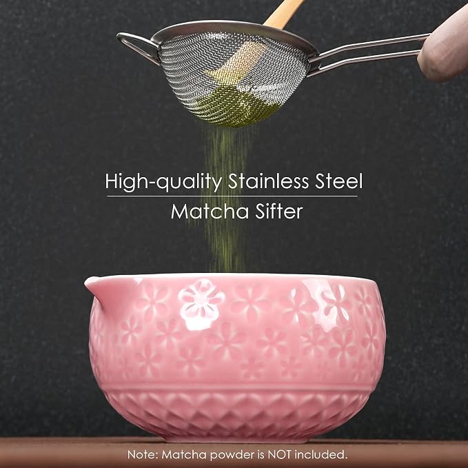 7Pcs Matcha Whisk Set, Matcha Set Whisk and Bowl,Bamboo Scoop, Scoop Rest, Sifter and Tea Towel, Matcha Kit W/Carved Cherry Blossm Pattern for Matcha Lovers (Sakura Pink) | Bamboo Scoop, Scoop Rest, Sifter and Tea Towel, Matcha Kit W/Carved Cherry Blos...