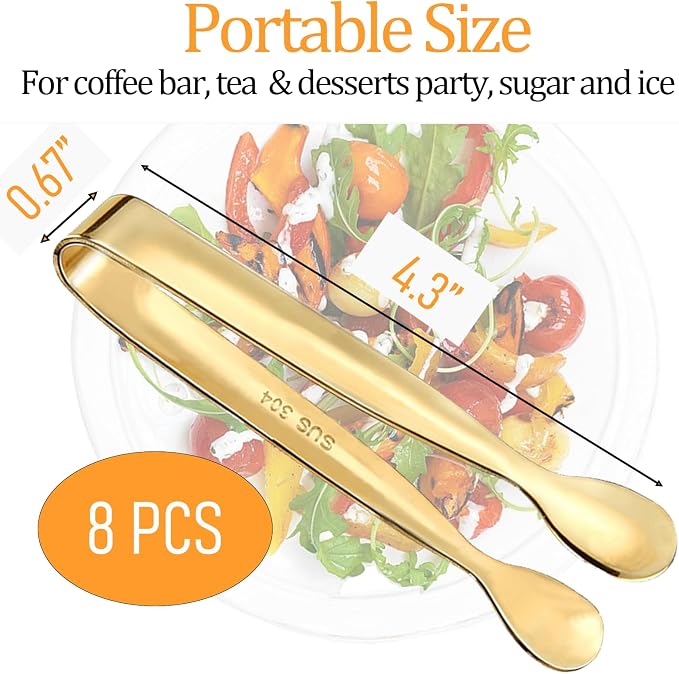 8PCS Gold Mini Metal Tongs, 4.25" Stainless Steel Tiny Tong, Small Kitchen Accessories for Serving Food, Ice, Sugar Cube, Salad, Toaster, Desserts