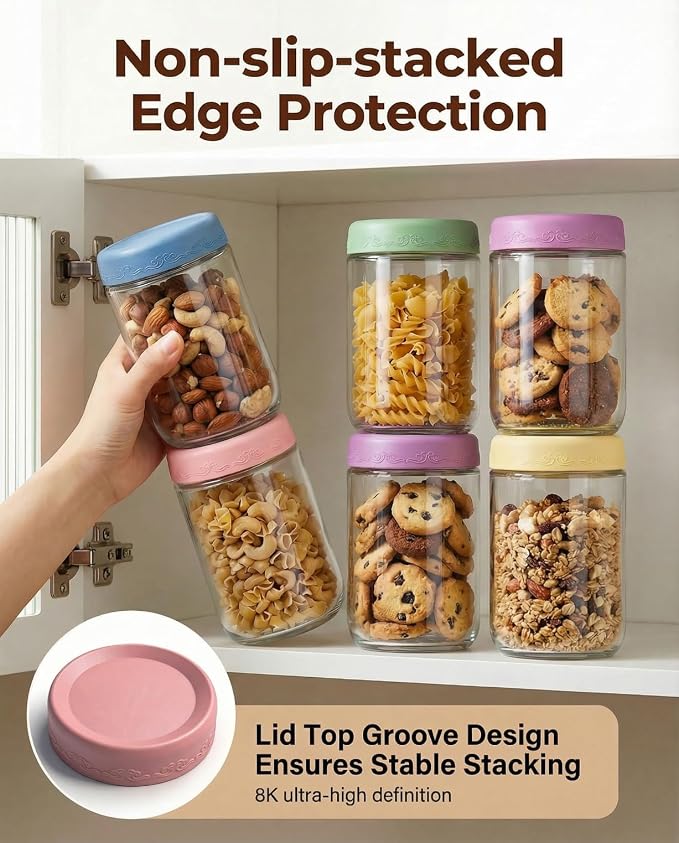 18 OZ 8Pack, Overnight Oats Jars with Lids, Glass Meal Prep Containers, Airtight Mason Jars for Breakfast, Yogurt Parfait, Salad & Smoothies, Leakproof and Reusable Food Storage Jars(8Pack)