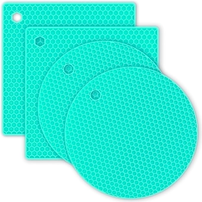 Silicone Trivet Pot Mat, Silicone Pot Holders for Hot Pan and Pot Pads. Heat Resistant Counter Mats for Tables Placemats,Countertops, Spoon Rest and Large Coasters (4Pack Mint Green)