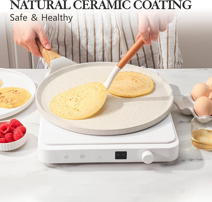 SENSARTE 12 Inch Nonstick Crepe Pan Ceramic Coating Pancake Pan White | Natural Ceramic Coating Dosa Pan Pancake Flat Skillet Tawa Griddle with Stay-Cool Handle, Induction Compatible