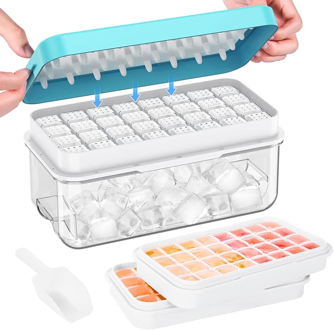 1" Ice Cube Tray with Lid and Bin, Easy Release 64 Cubes for Freezer | Food-grade BPA-free PP and ABS. 1" x 64pcs ice cubes for fruit whiskey, cocktails. Space-saving, stackable with scoop