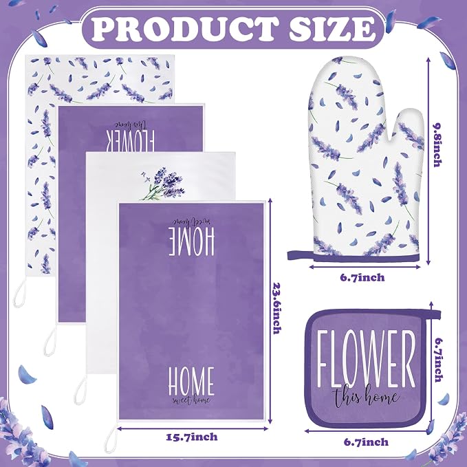 Leinuosen 8 Pcs Purple Lavender Kitchen Towels and Dishcloths Sets Oven Mitts and Pot Holders Sets Absorbent Kitchen Gloves Potholders Heat Resistant for Chef Baking Cooking