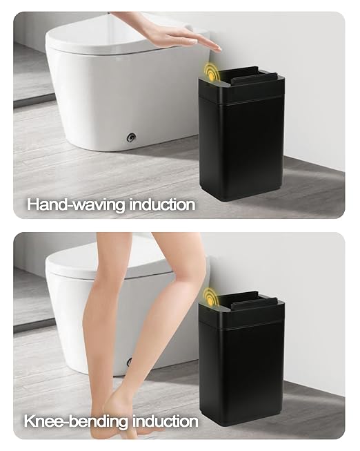 ELPHECO Slim Bathroom Trash Can with Lid 2.6 Gallon Smart Trash Can Black | Motion Sensor Butterfly Lid Garbage Can Automatic Stainless Steel Wastebasket Bathroom Decor for Bedroom Office Toilet