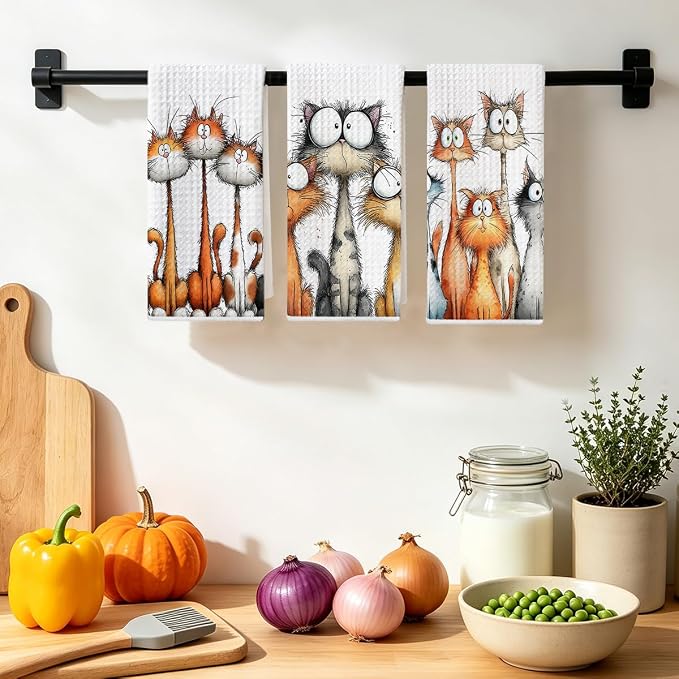 3 Pcs Cute Cat Kitchen Towels, Funny Cats Gifts Absorbent Hand Towels-03 | Cat Dish Cloths for Drying Dishes, Cats Waffle Dish Towels for Kitchen Home Bathroom Decor, Cat Lover Gifts for Women Mom
