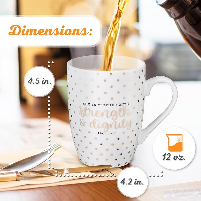 Christian Art Gifts Inspirational Novelty Ceramic Coffee & Tea Scripture Mug for Women: Strength & Dignity Encouraging Bible Verse Proverb, Gold Polka Dots, Lead & Cadmium-free Non-toxic Cup, 12 oz.