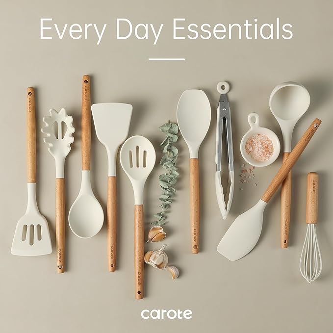 CAROTE 10-Piece Kitchen Utensils Set with Wood Cool-Touch Handles, Cream | Silicone Cooking Utensil, Food Grade, Nonstick Cookware Friendly, BPA-Free, Heat-Resistant, Everyday Home Essentials, Gifts