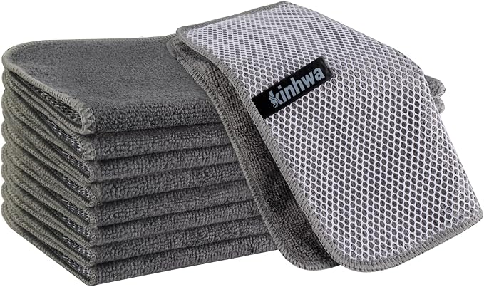 Kitchen Dish Washcloths Microfiber Gray with Poly Scour Scrub Side | Absorbent dish cloths for washing dishes with scrubber side Quick dry kitchen wash cloths and dish rags 9 Pack 10 Inch Gray