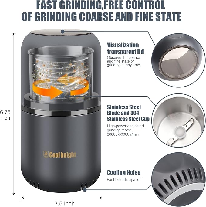 COOL KNIGHT Herb Grinder [large capacity/fast/Electric ]-Spice Herb Coffee Grinder with Pollen Catcher/- 7.5" (Grey)