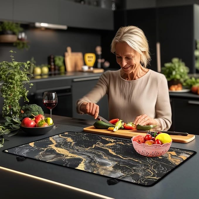 Black Gold Marble Texture Print Electric Stove Top Cover 29.18 x 20.96 inch Glass Cooktop Cover with Lanyards Dish Drying Mat Anti-Slip Range Covers Pad for Glass Top Stove